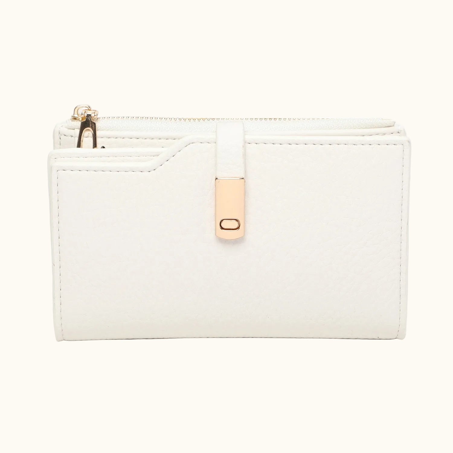 White wallet with gold accents on a white background