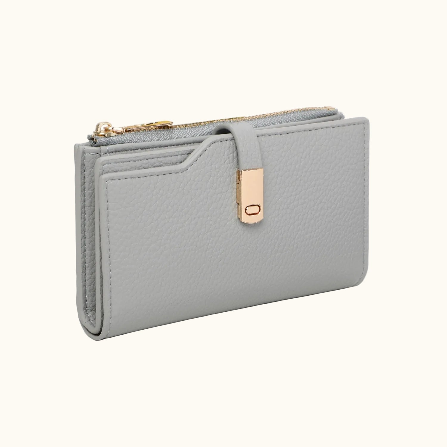 Gray wallet with gold zipper on a white background