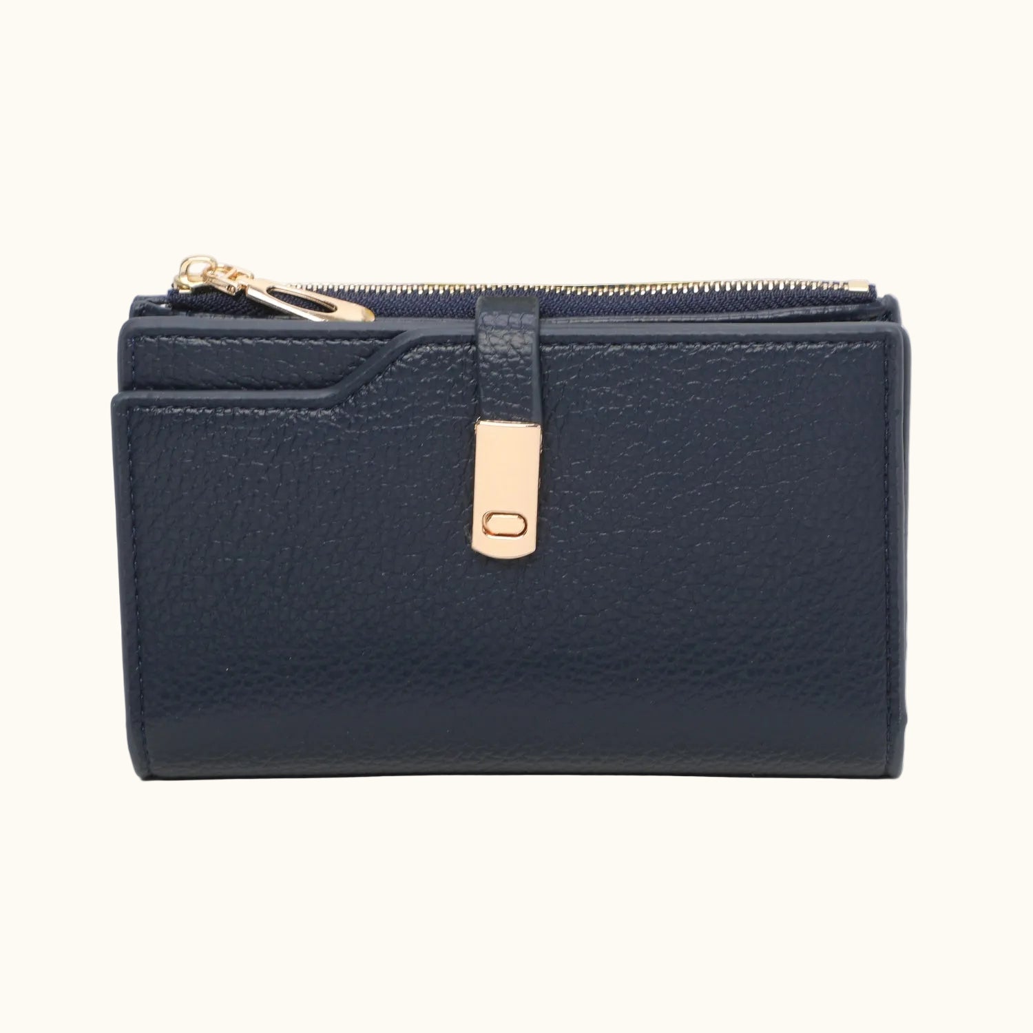 Navy blue wallet with gold zipper on a white background
