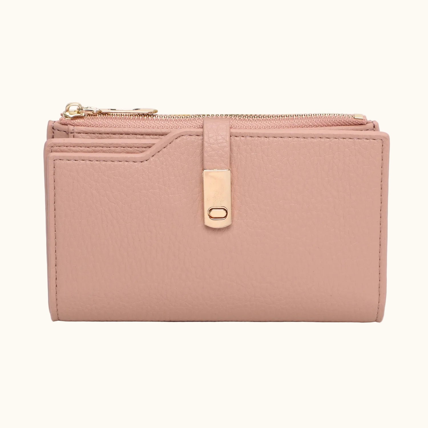 Pink wallet with gold zipper on a white background