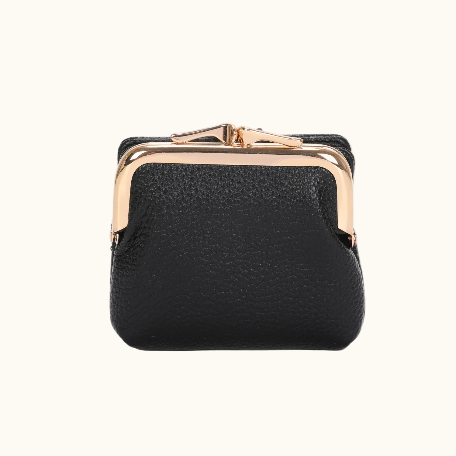 Black leather coin purse with rose gold clasp on a white background