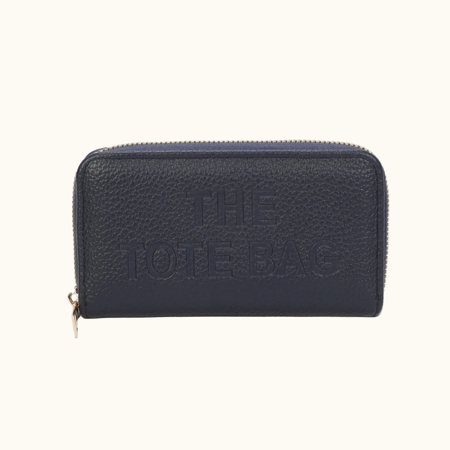 Black leather wallet with 'THE TOTE BAG' embossed on it, on a white background