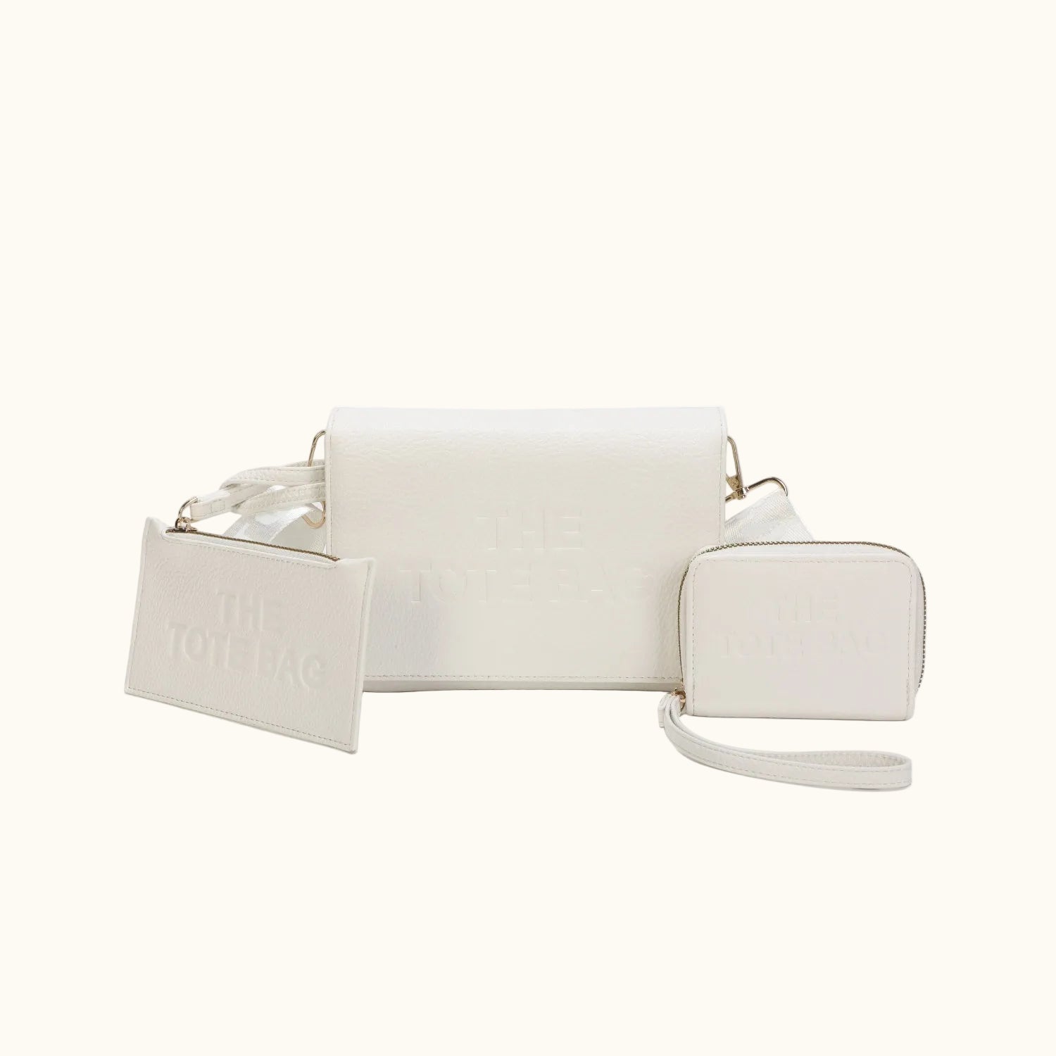 White handbag with matching pouch on a white background