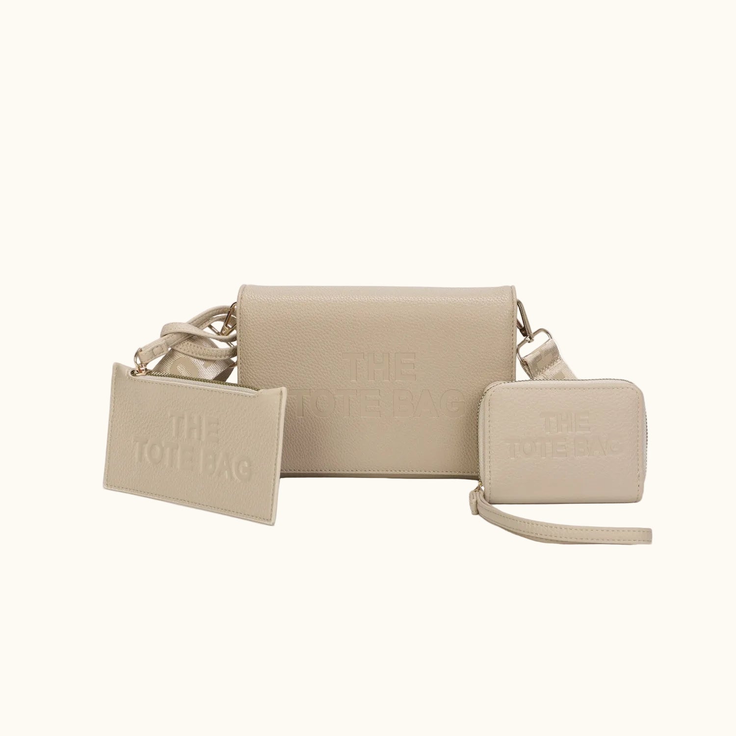 Beige handbag set with matching pouch on a white background
