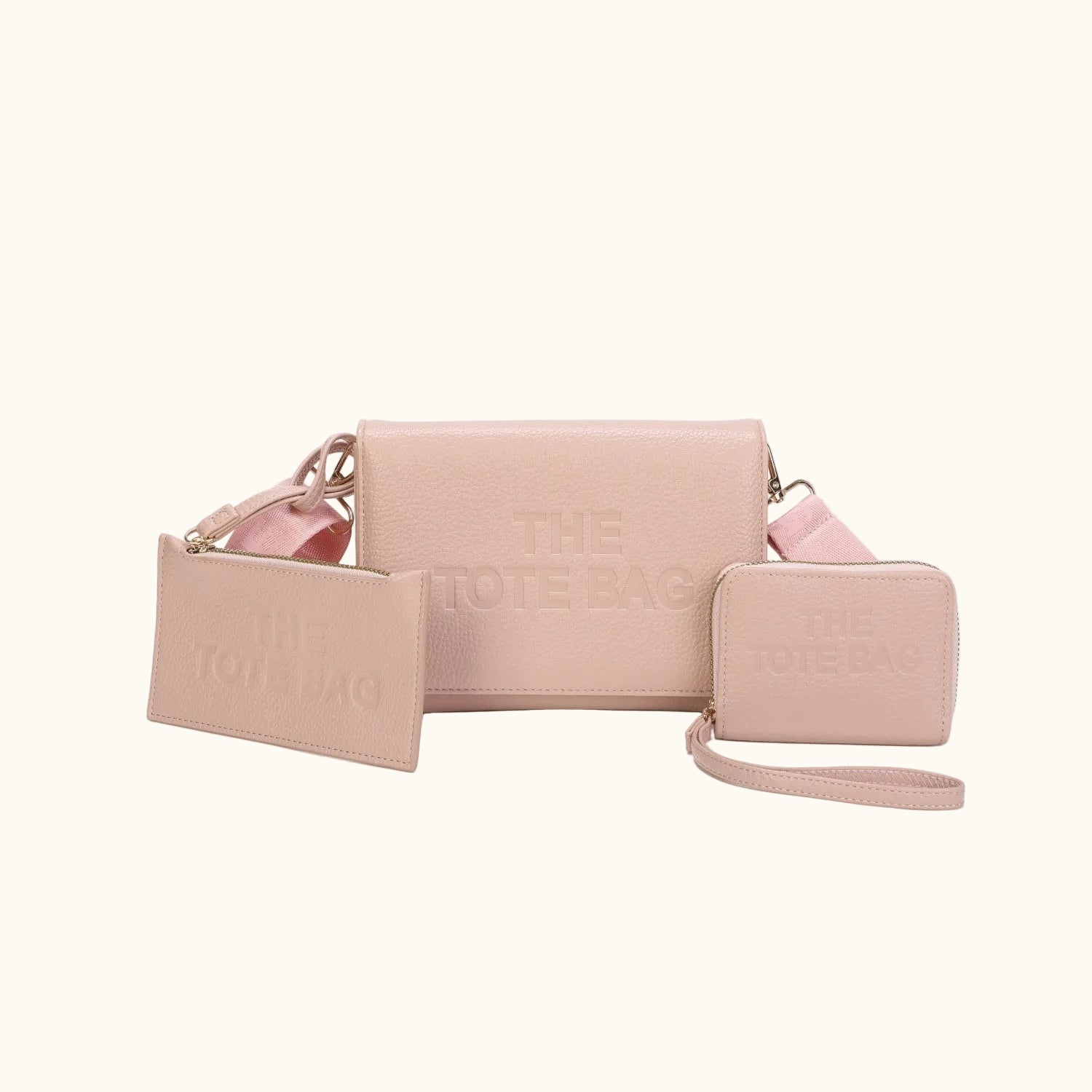 Set of pink handbags with 'The Katie Bag' branding on a white background
