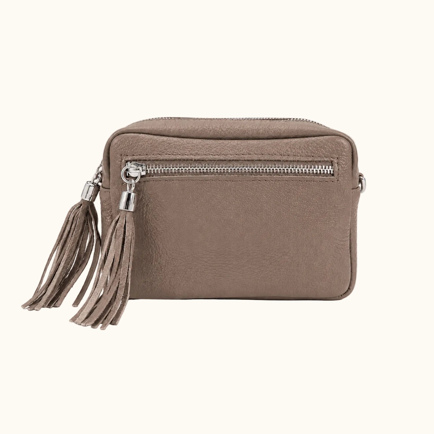 Brown handbag with a tassel on a white background
