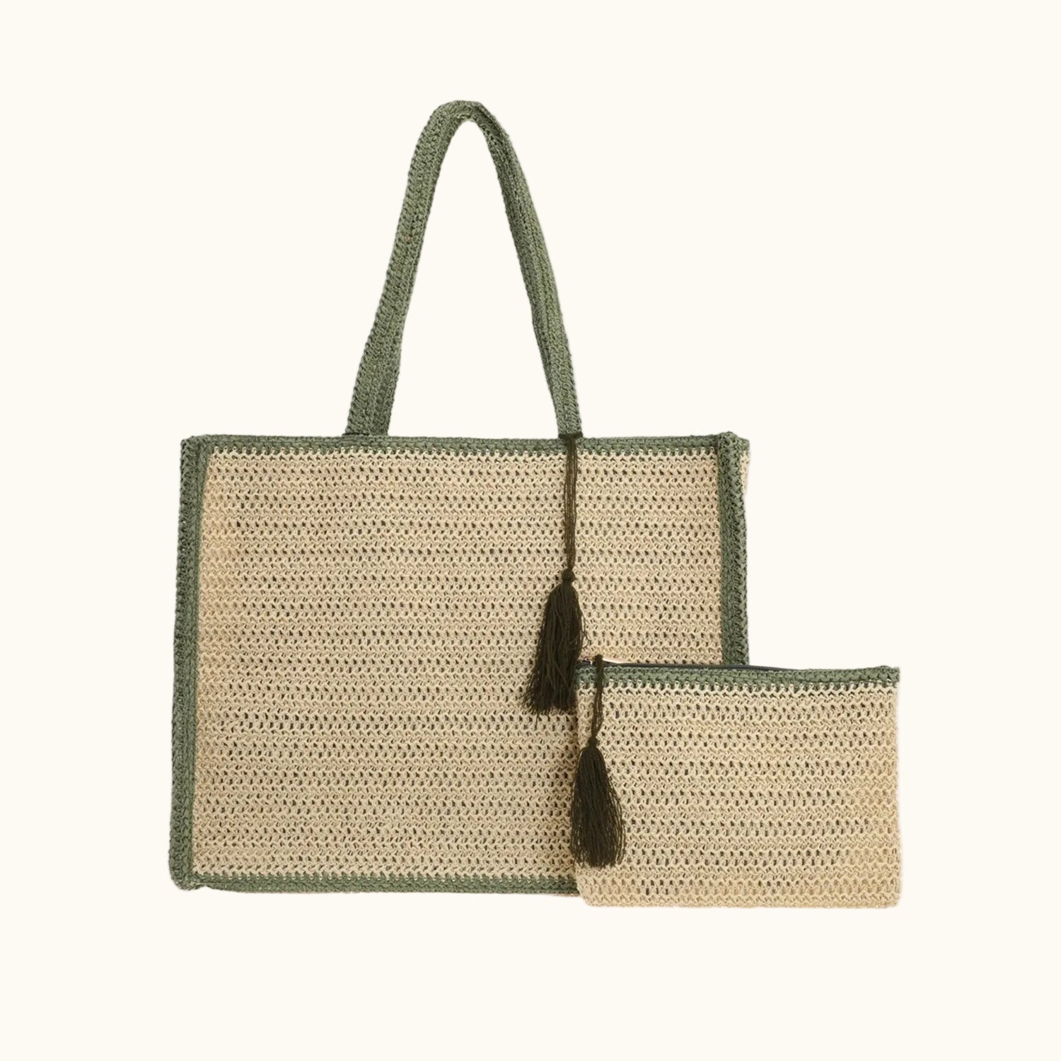Woven handbag with a matching pouch on a white background