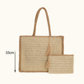 Woven handbag with dimensions on a white background