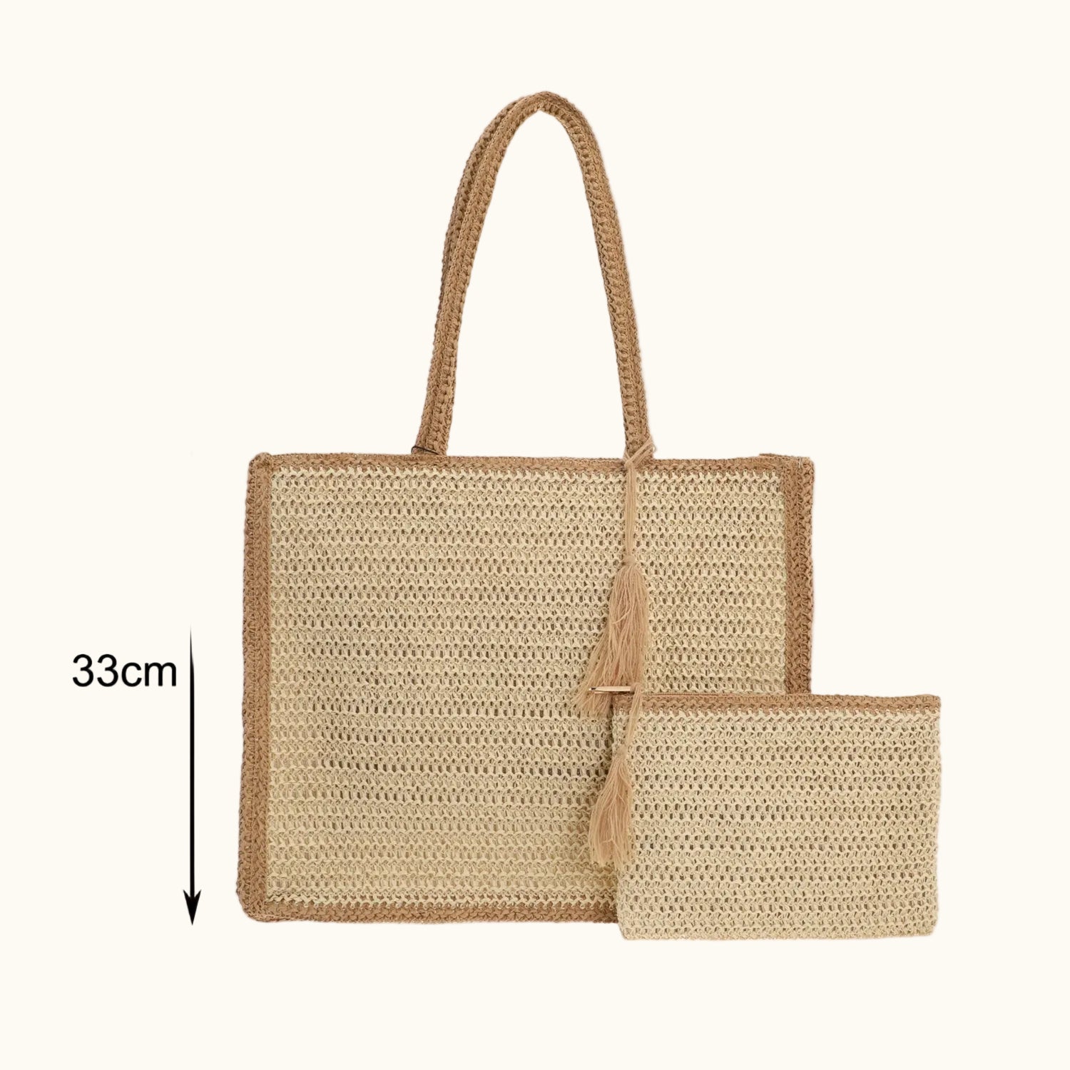 Woven handbag with dimensions on a white background