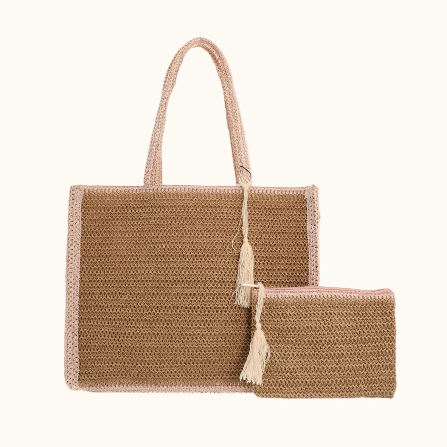 Woven handbag with a matching clutch on a white background