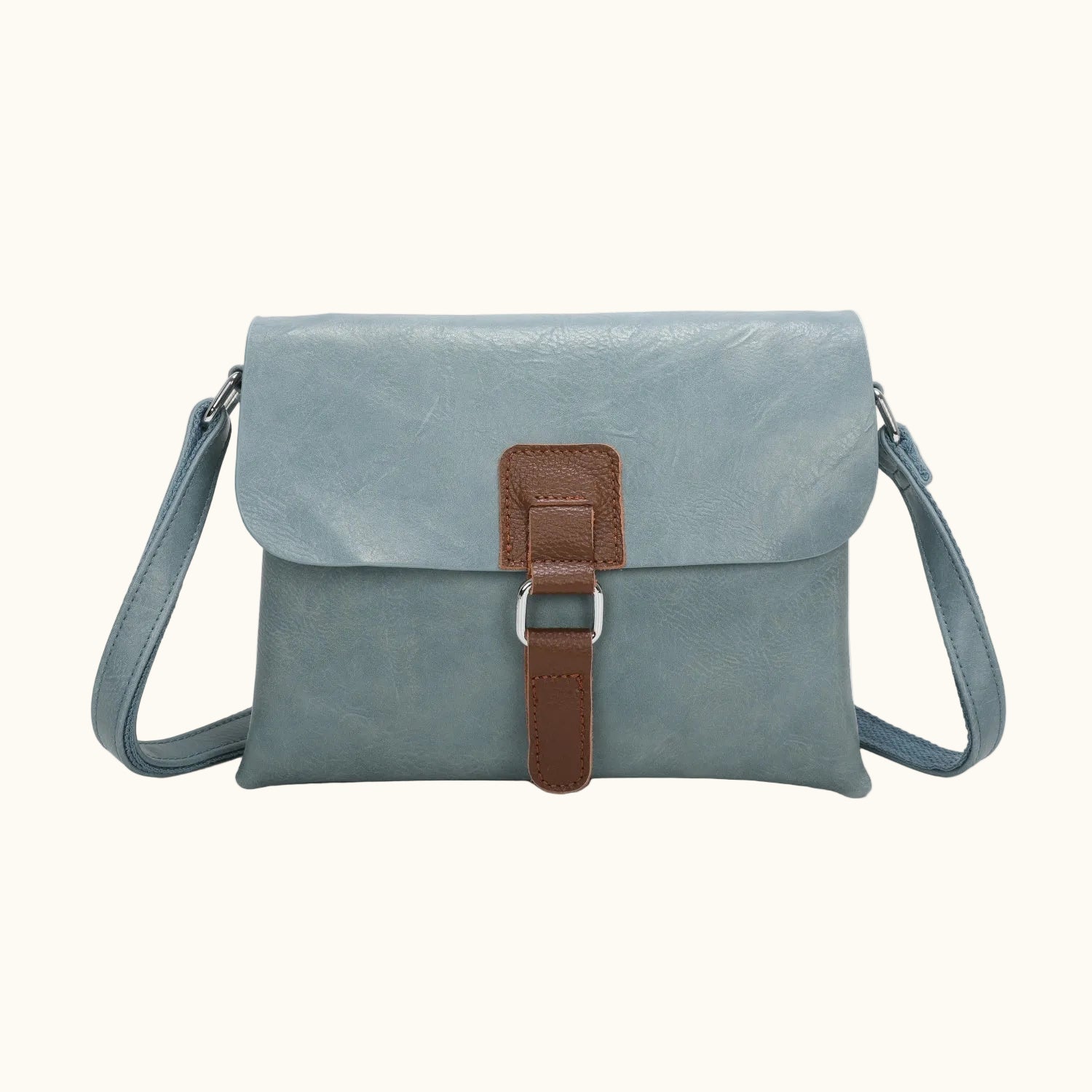 Light blue handbag with a brown strap on a white background