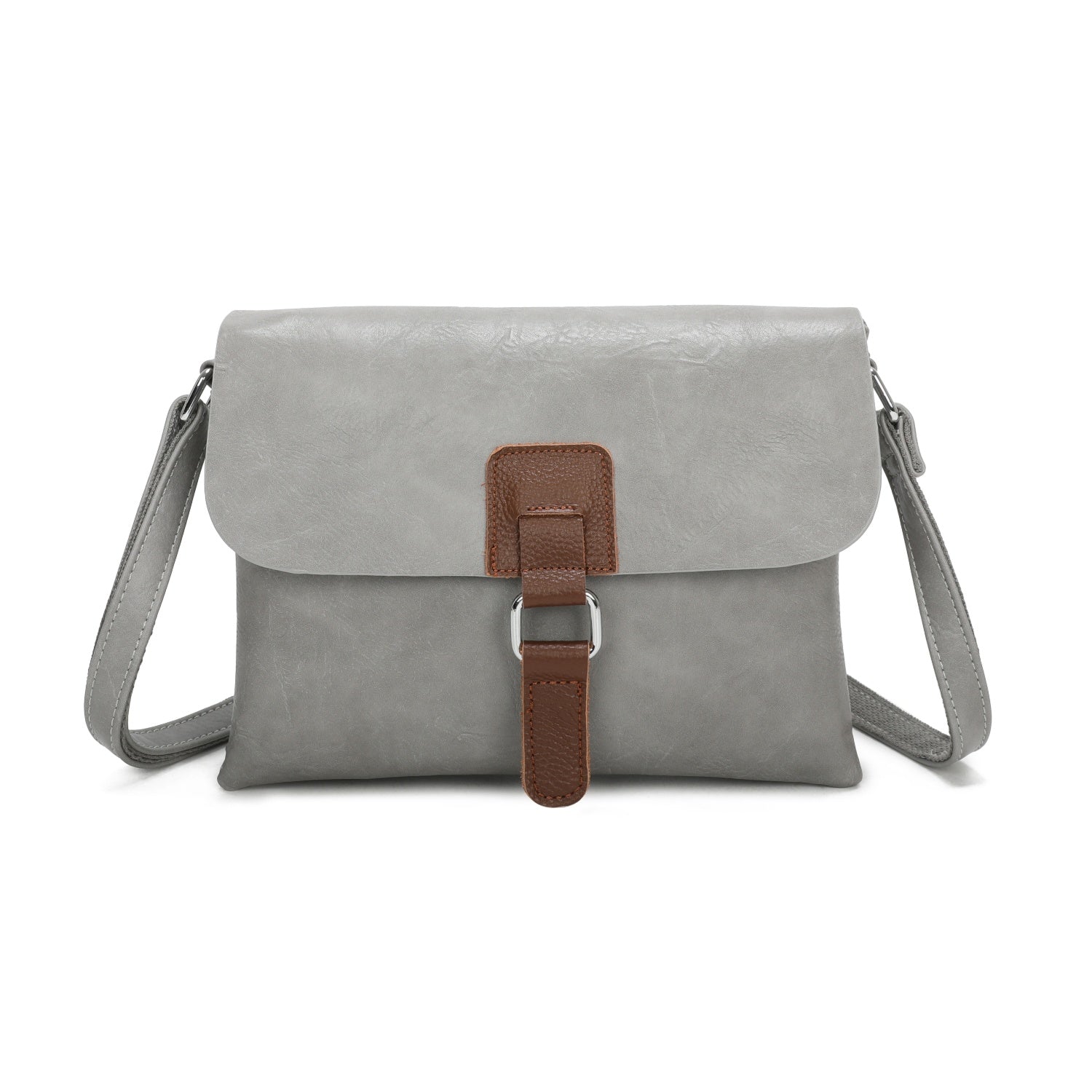 Gray handbag with a brown strap on a white background