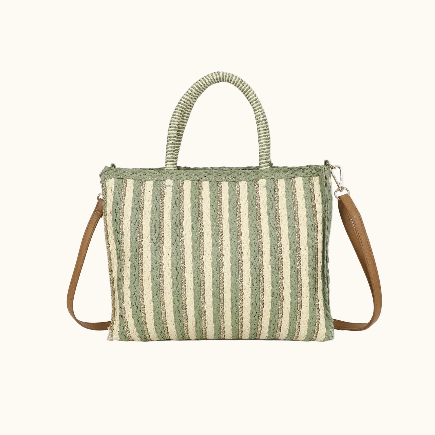 Striped handbag with a handle and crossbody strap on a white background