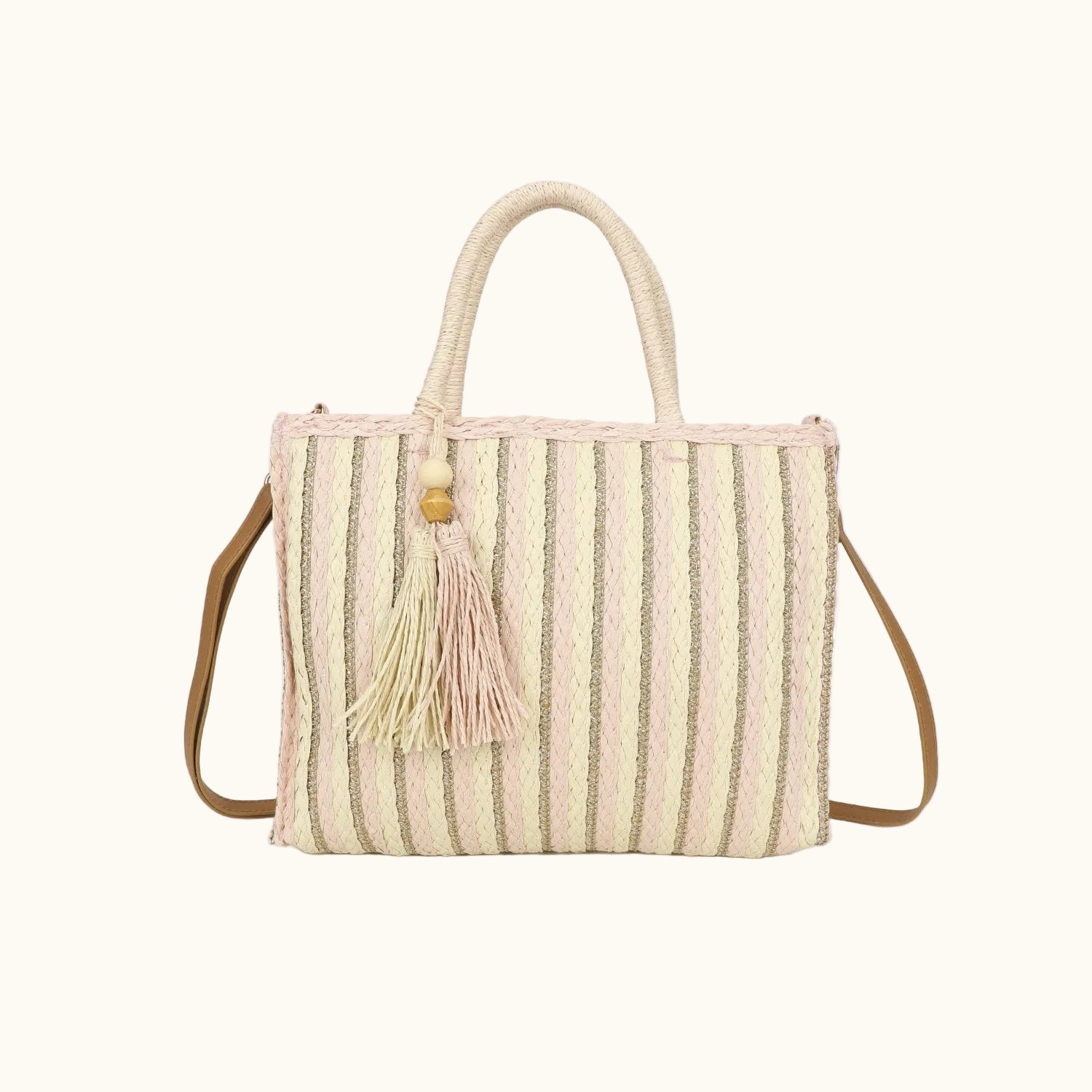 Striped handbag with a tassel on a white background