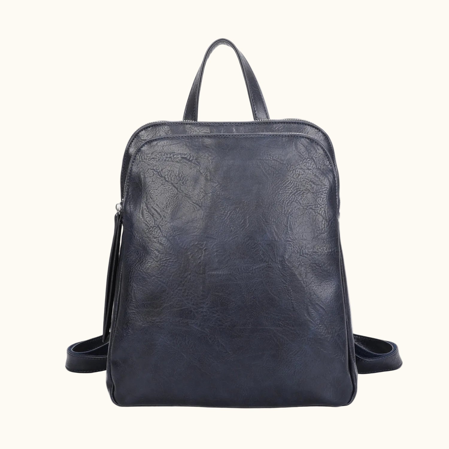 Black leather backpack on a white background