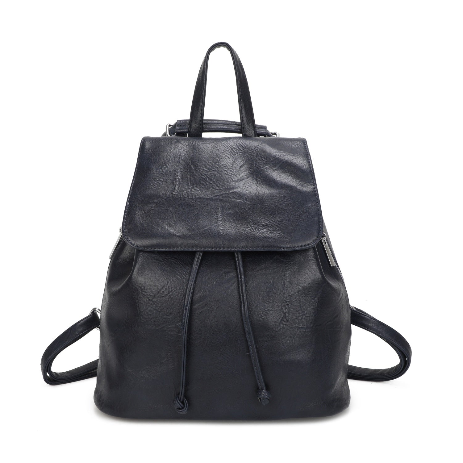Black leather backpack on a white background