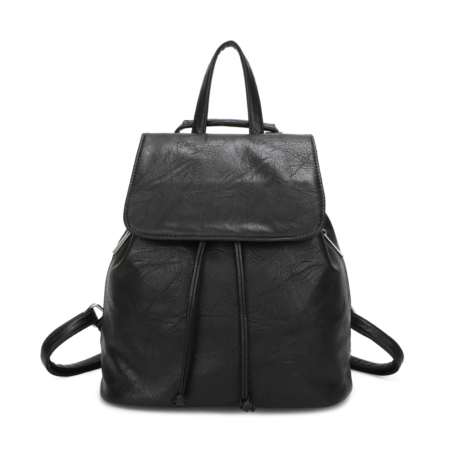 Black leather backpack on a white background