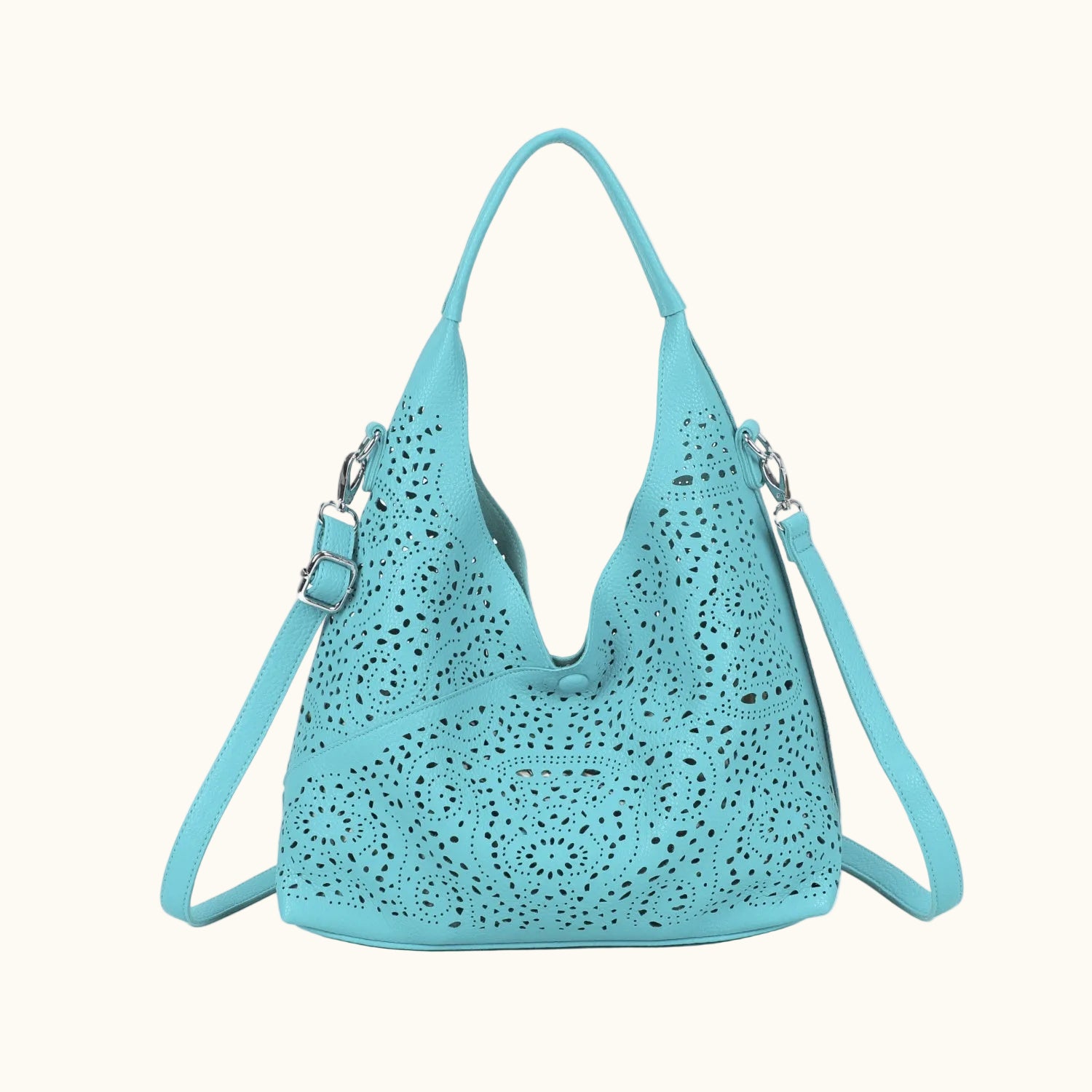 Light blue handbag with perforated design on a white background