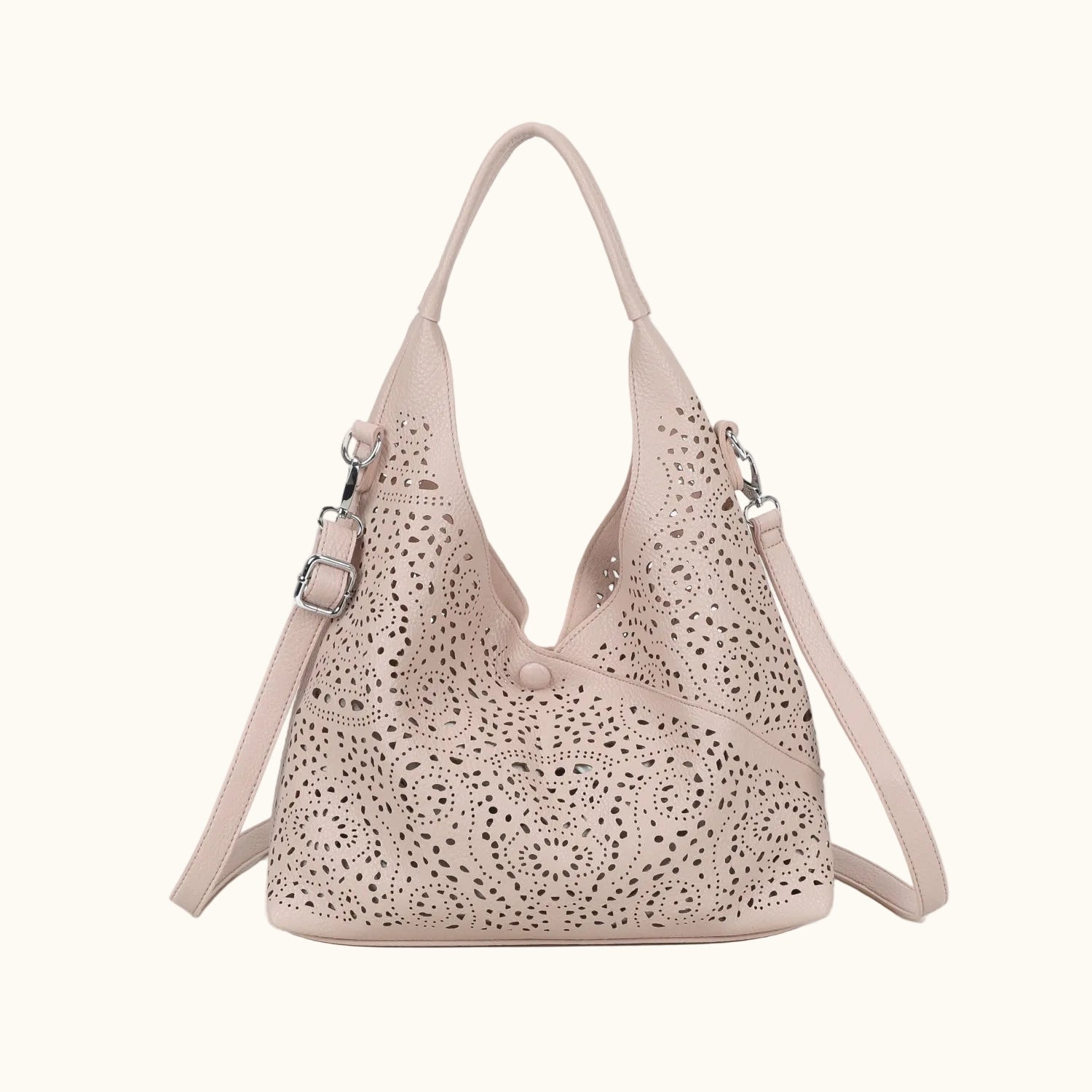 Beige handbag with floral cut-out design on a white background