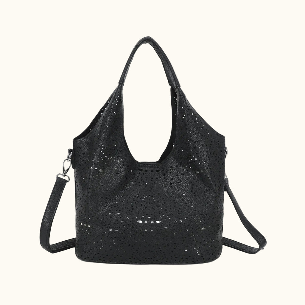 Black handbag with glittery texture on a white background