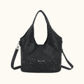 Black handbag with glittery texture on a white background