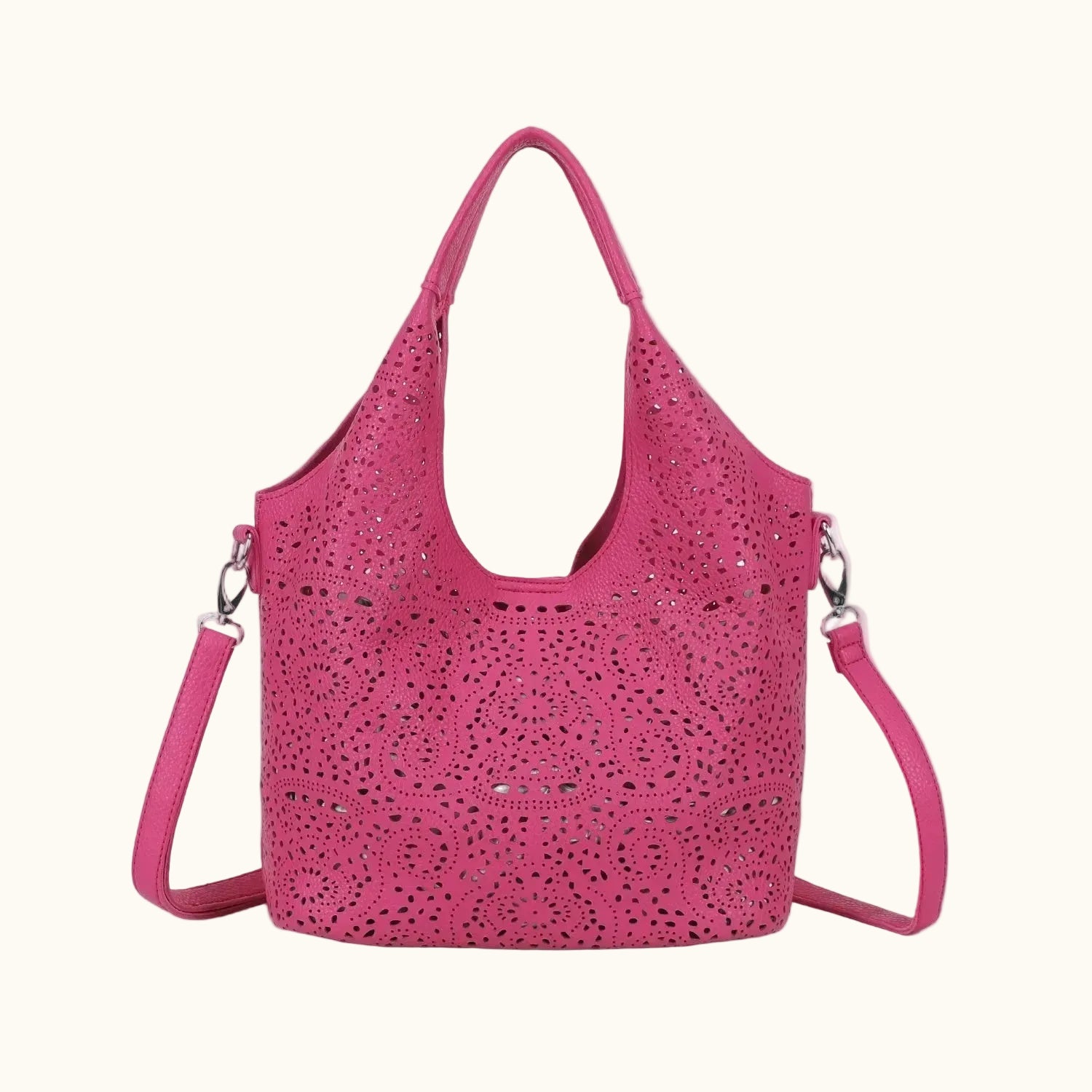 Pink handbag with a strap on a white background