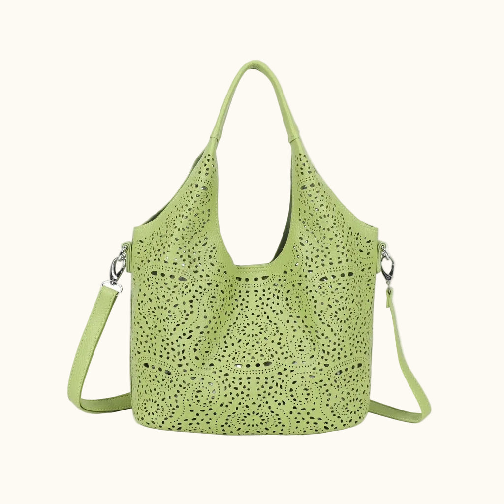Green lace handbag on a white background