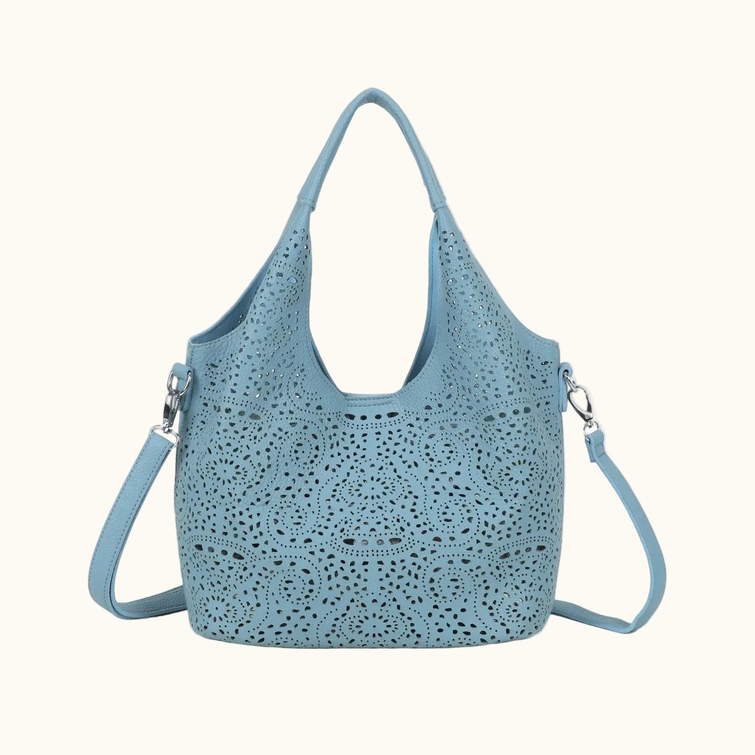 Blue perforated handbag on a white background