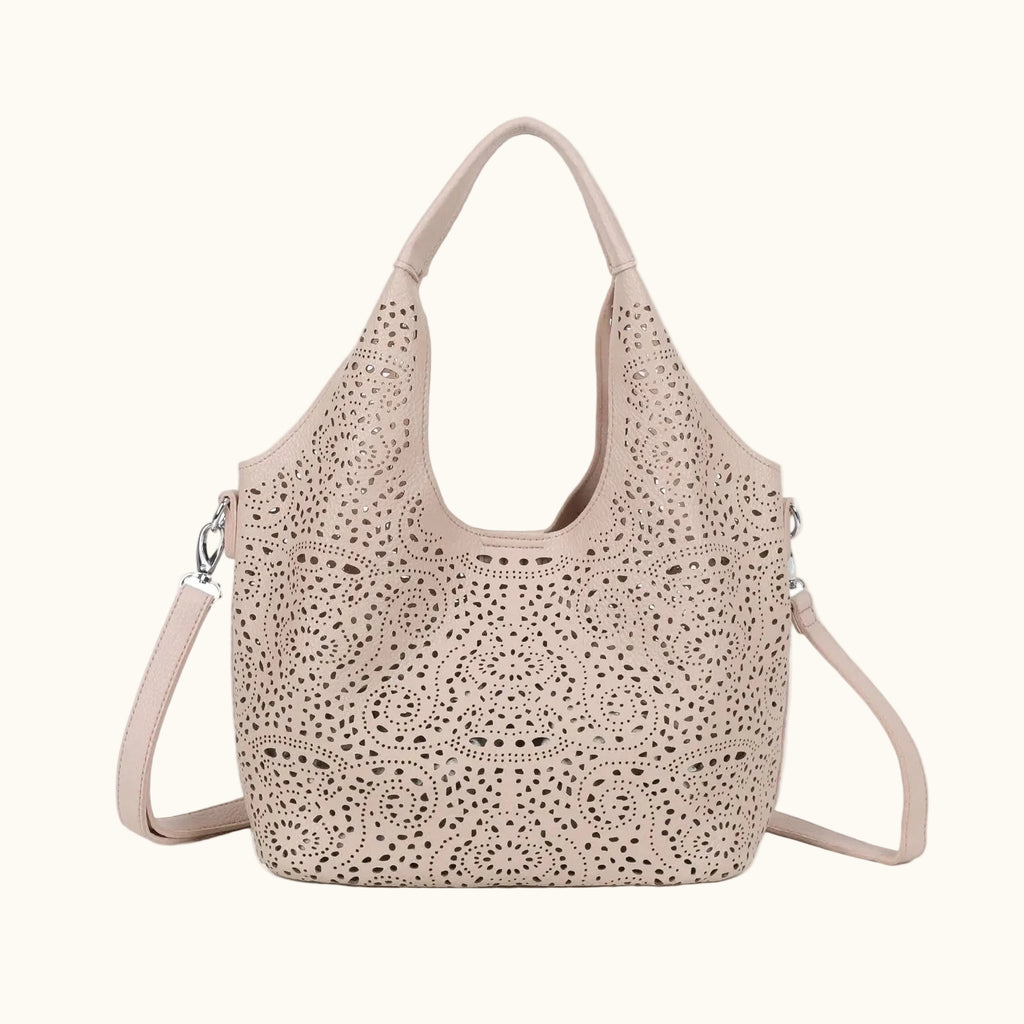 Beige handbag with lace detailing on a white background