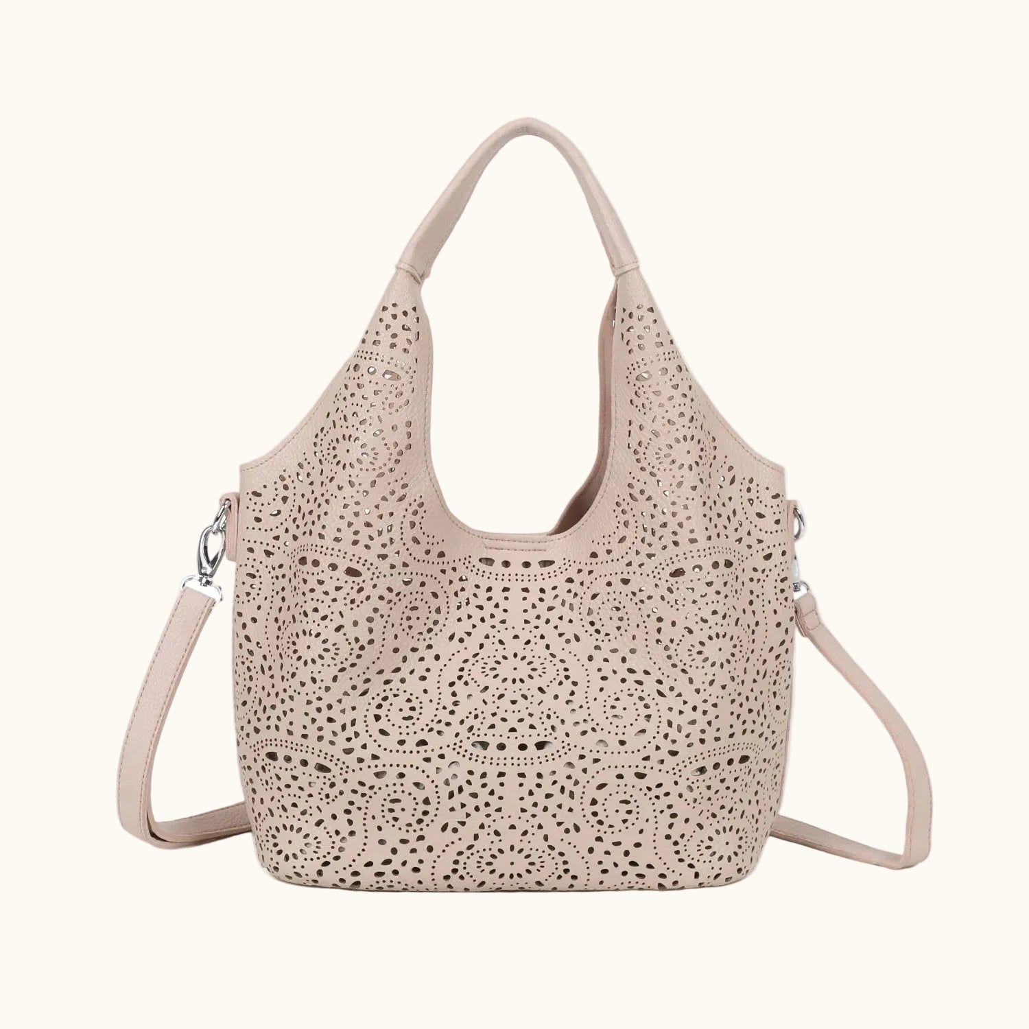 Beige handbag with lace detailing on a white background