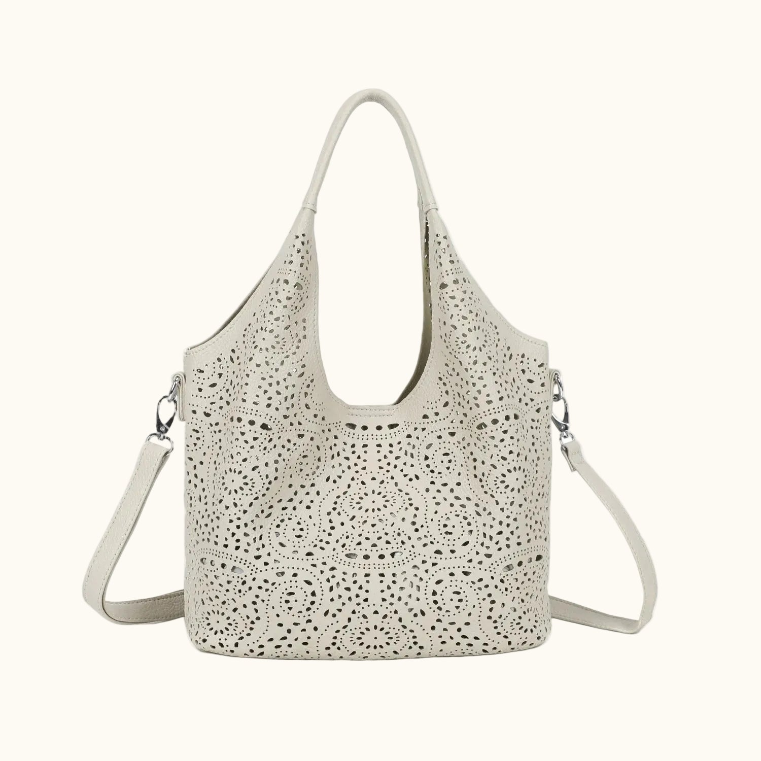 White handbag with lace detailing on a white background