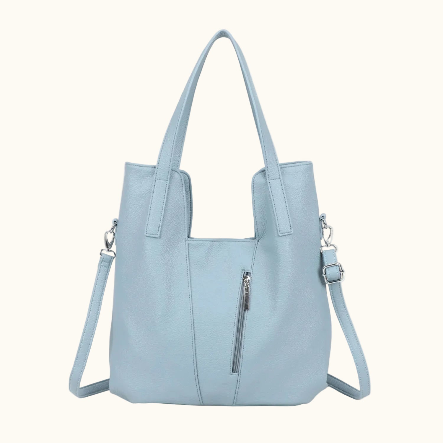 Light blue handbag with a shoulder strap on a white background