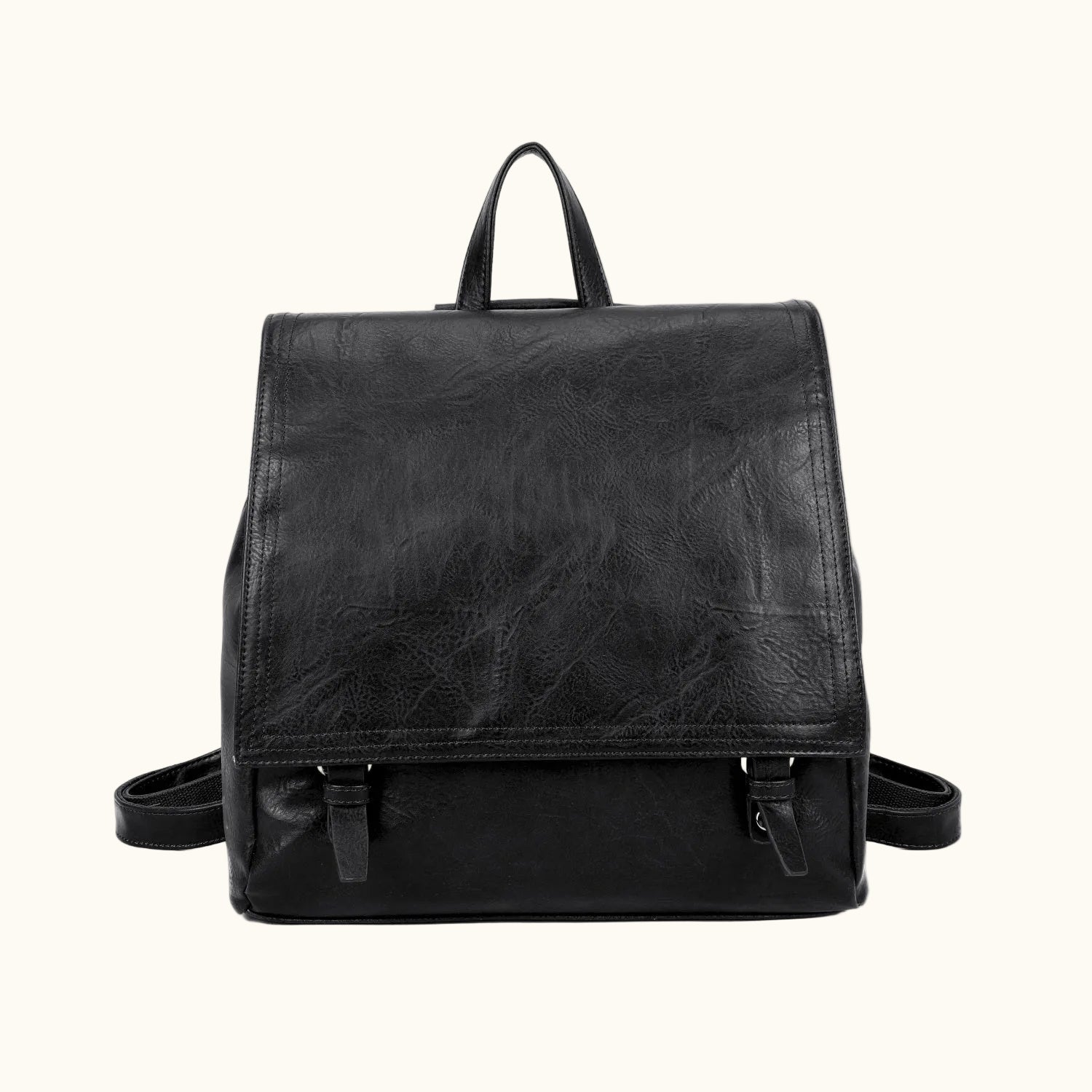 Black leather backpack on a white background