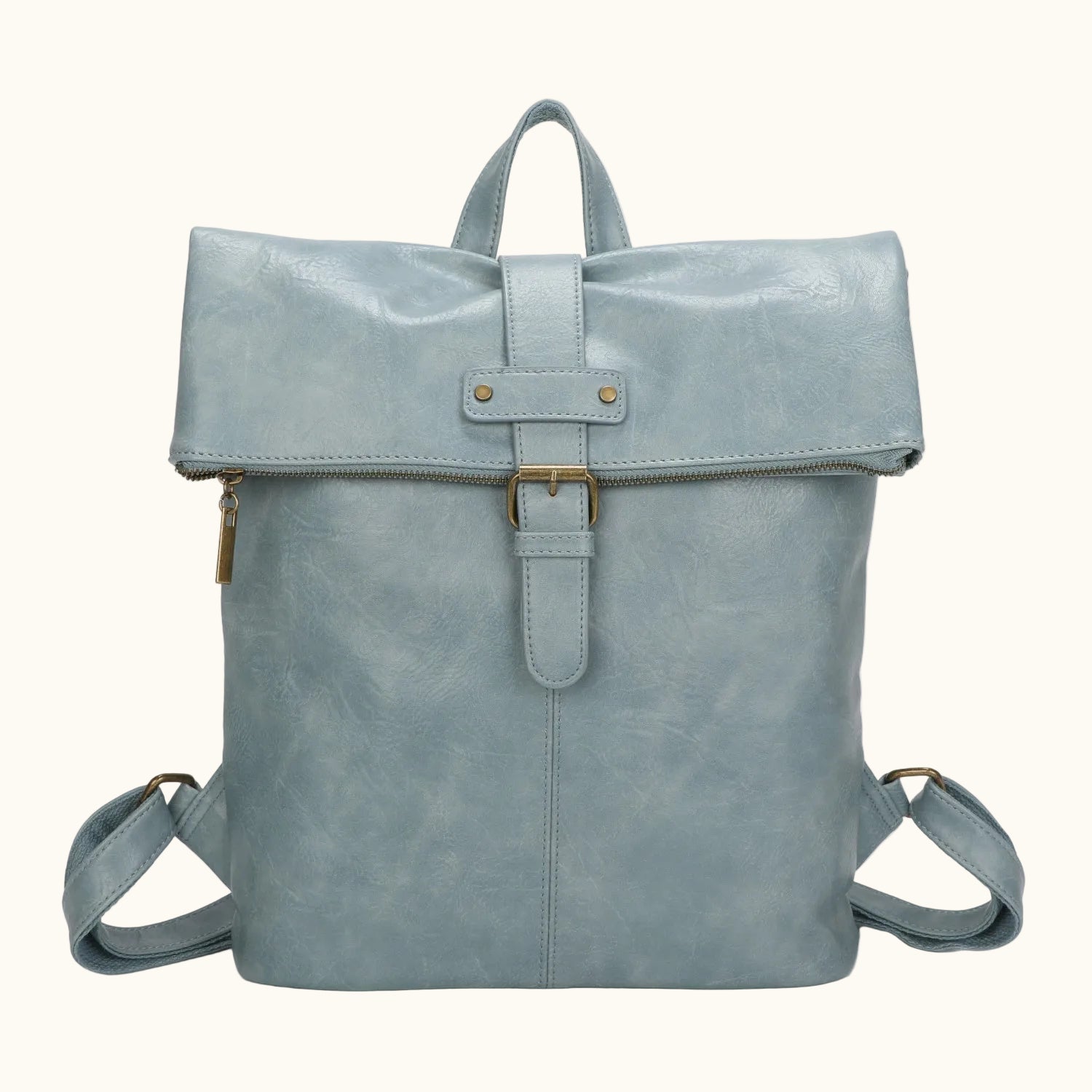 Light blue backpack with a buckle on a white background