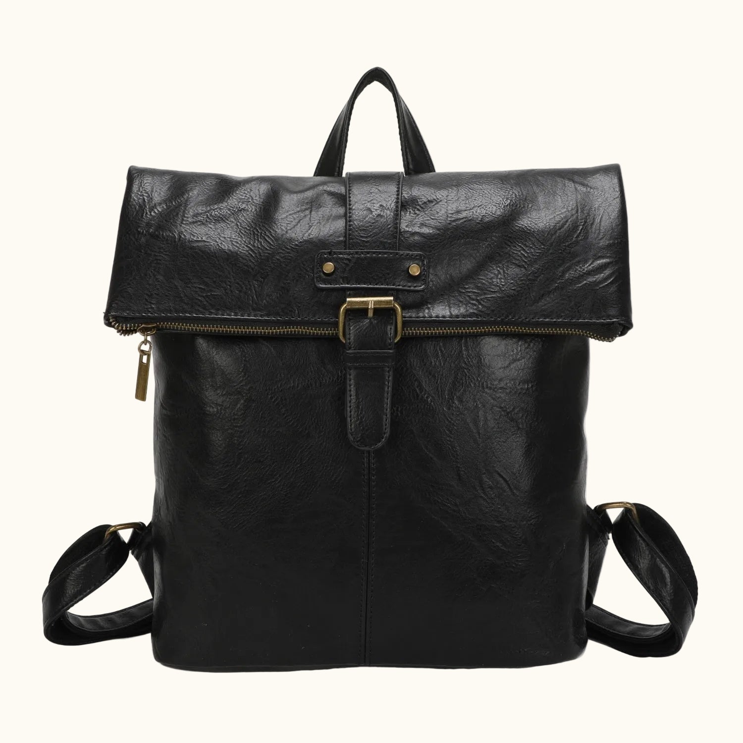 Black leather backpack with gold accents on a white background