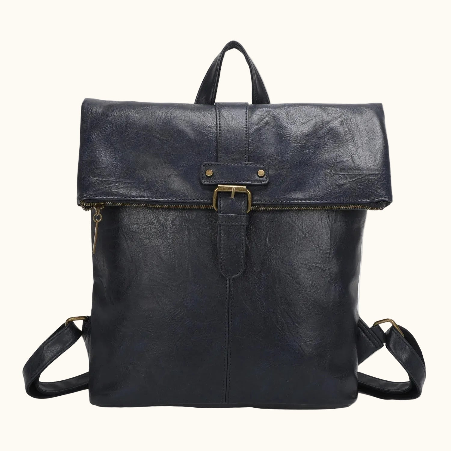 Black leather backpack with gold buckle on a white background