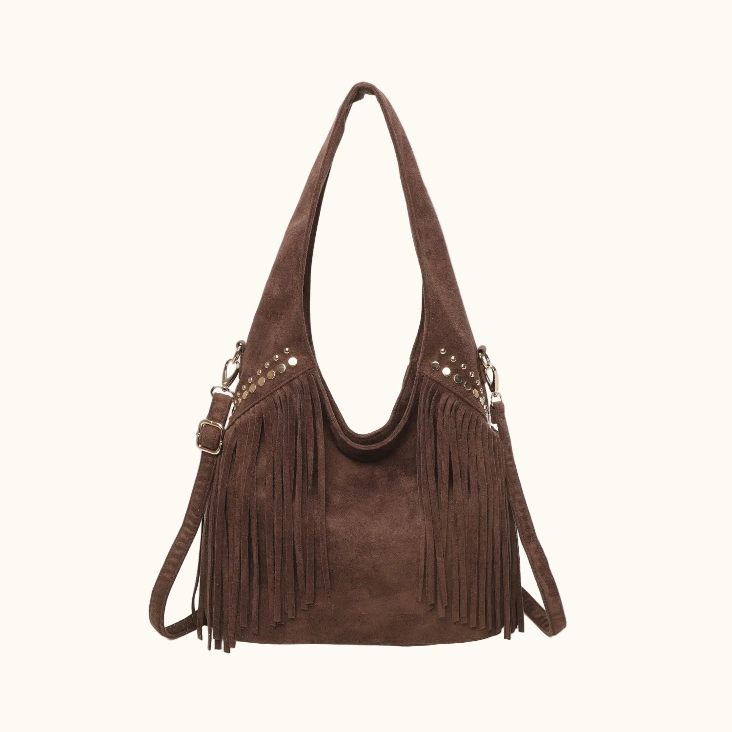 Brown suede handbag with fringe details on a white background