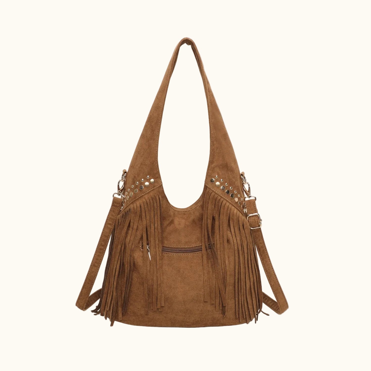 Brown suede handbag with fringe details on a white background