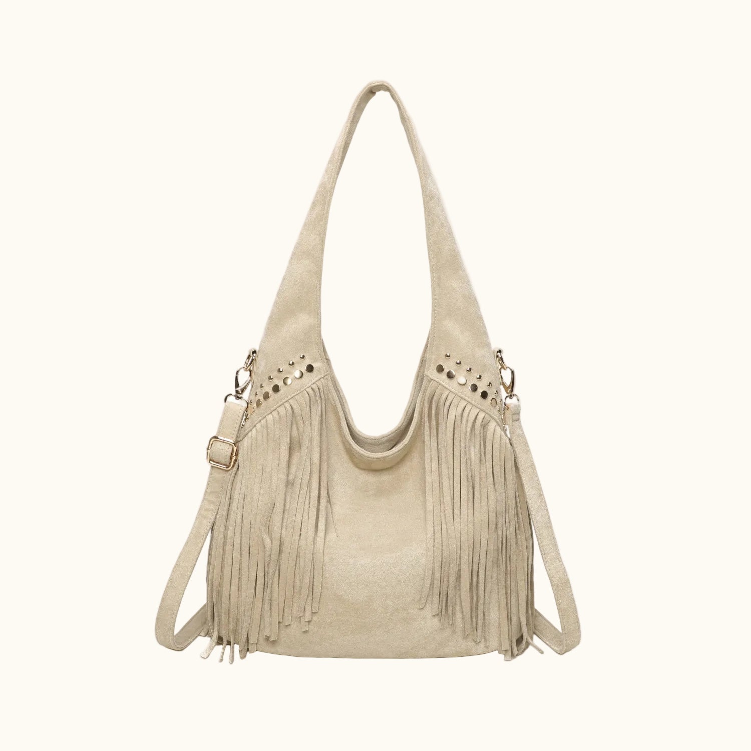 Beige handbag with fringe details on a white background