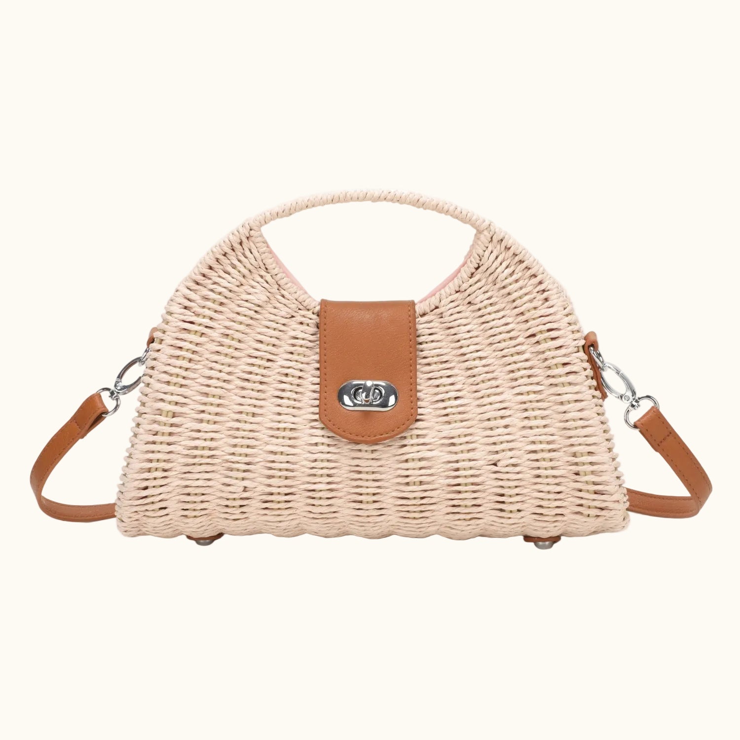 Woven handbag with brown accents on a white background