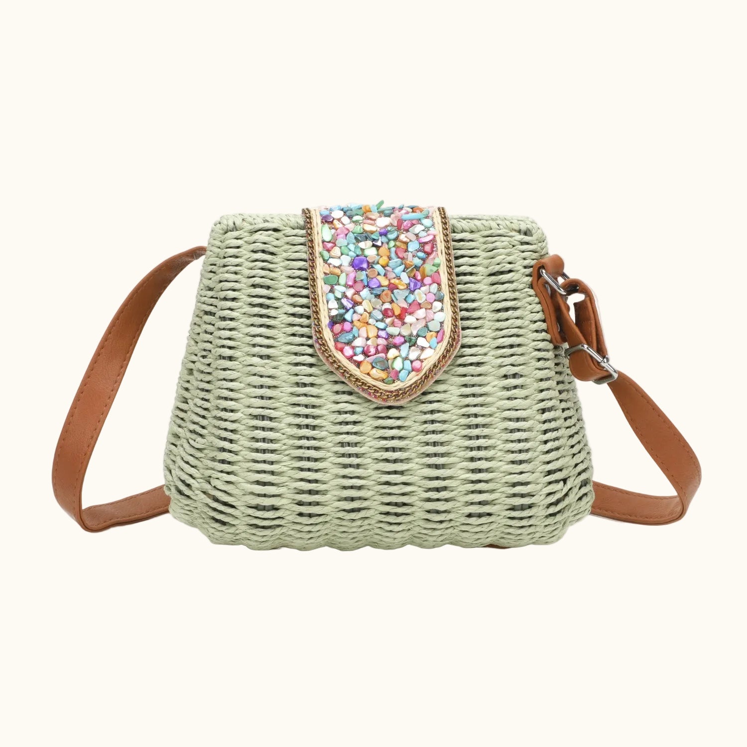 J6519 Straw Crossbody Bag with gems