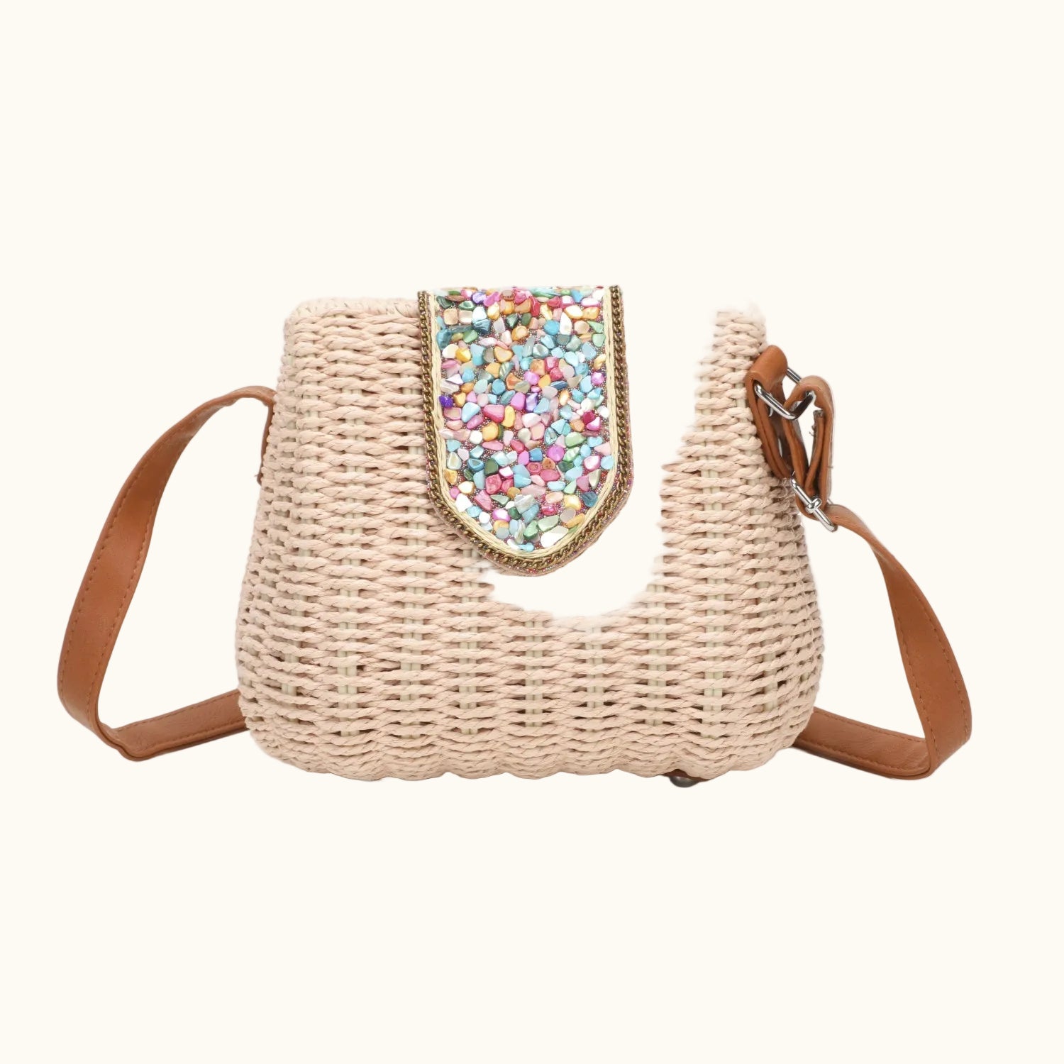 J6519 Straw Crossbody Bag with gems