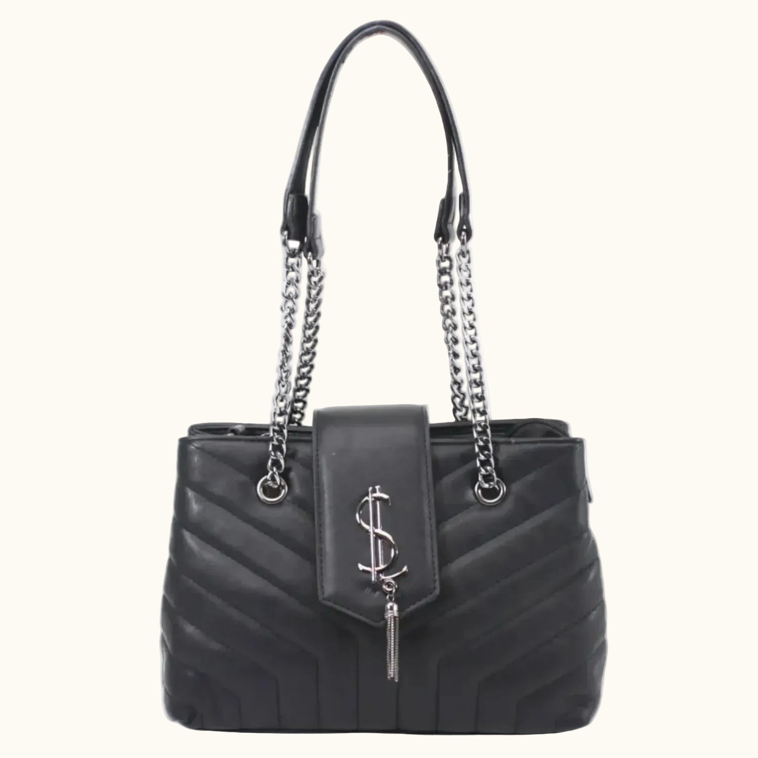 Black handbag with chain details on a white background