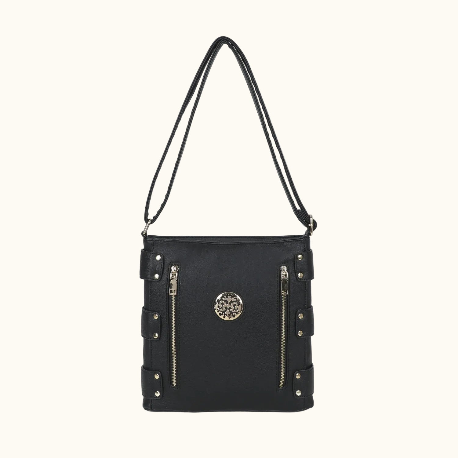 Black handbag with gold accents on a white background
