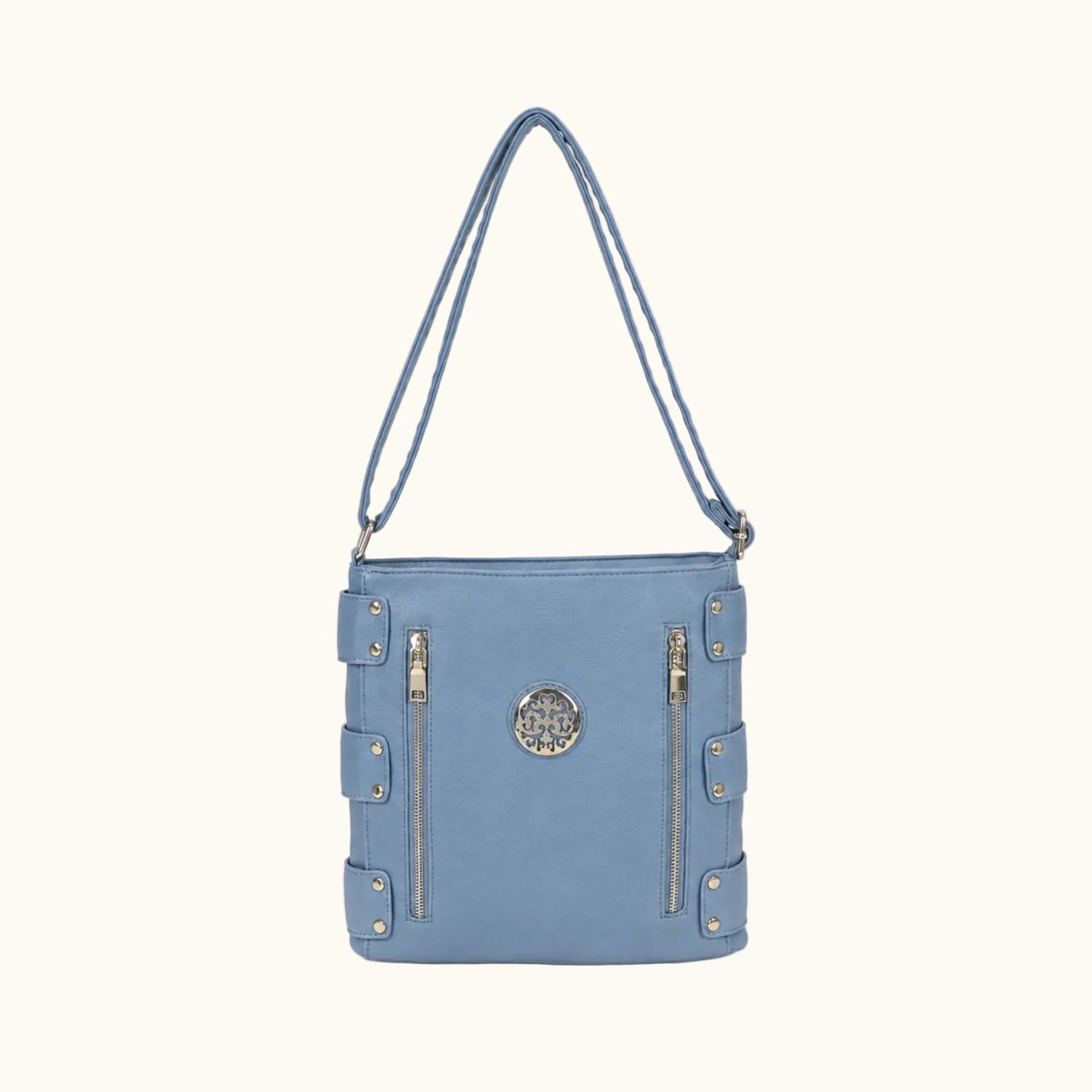 Blue handbag with silver zippers and accents on a white background