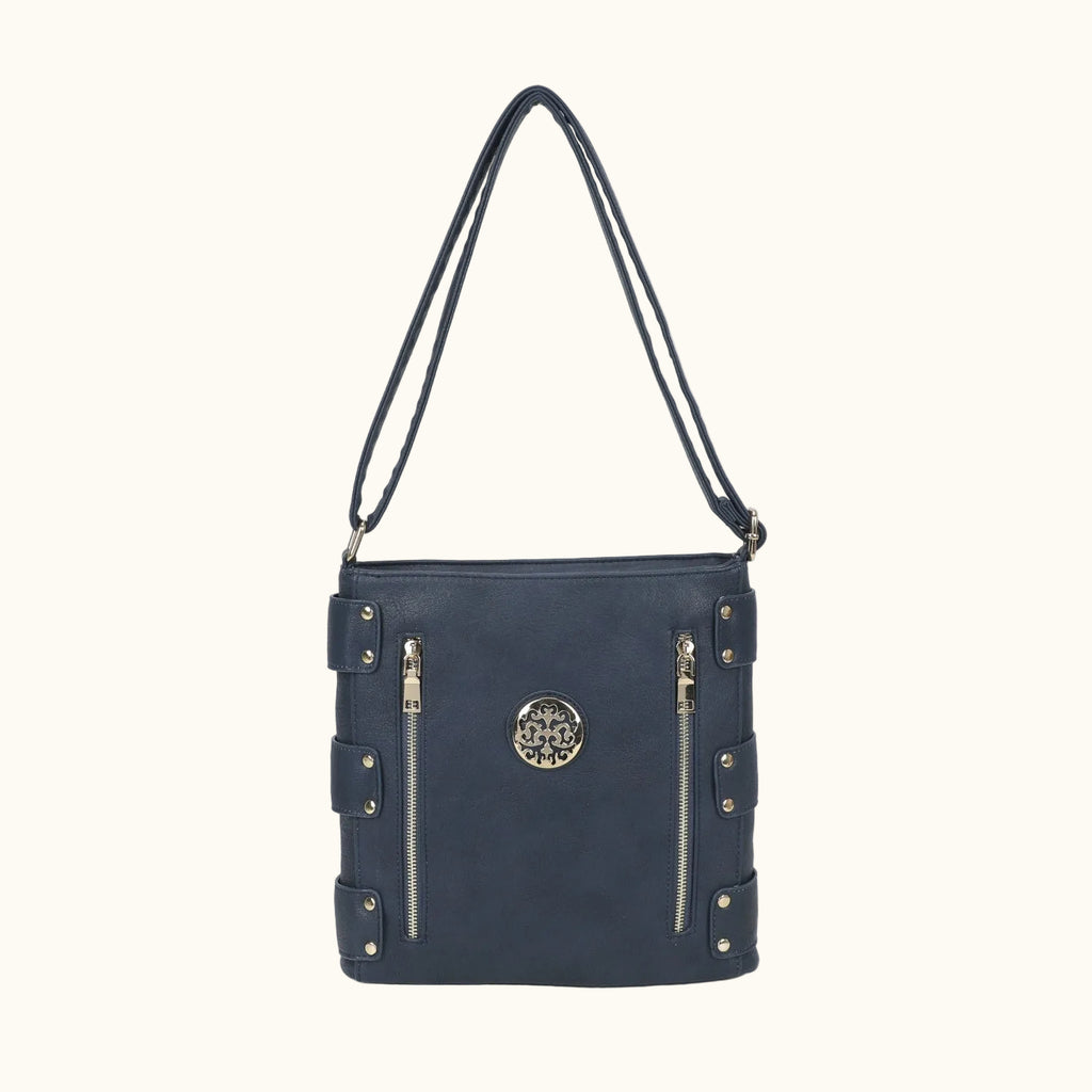 Navy blue handbag with gold accents on a white background