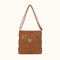 Brown leather handbag with gold accents on a white background