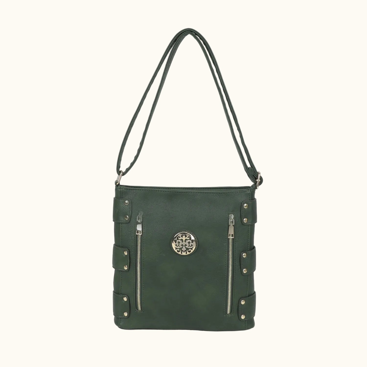 Green handbag with silver accents on a white background