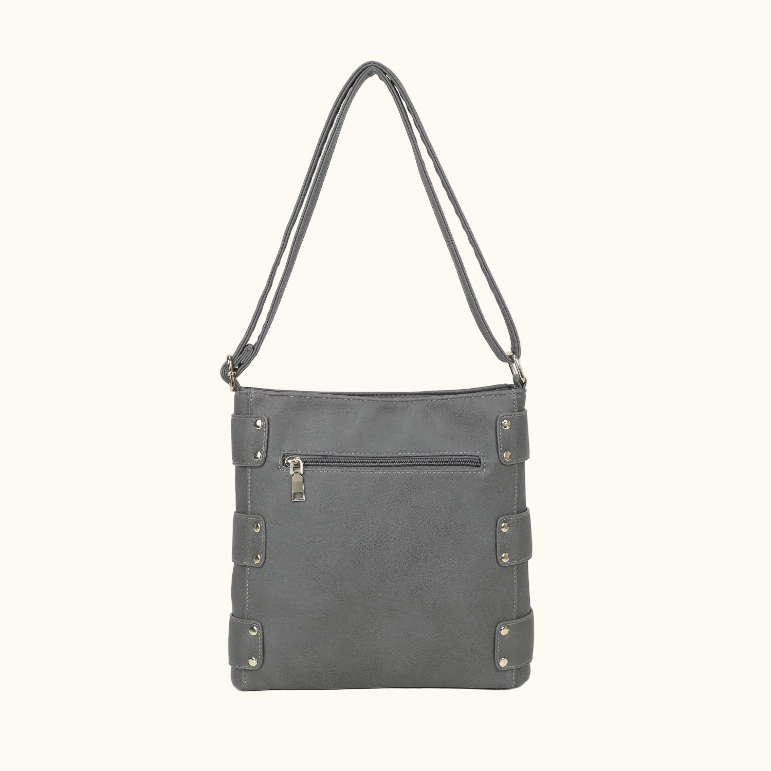 Gray shoulder bag with straps on a white background