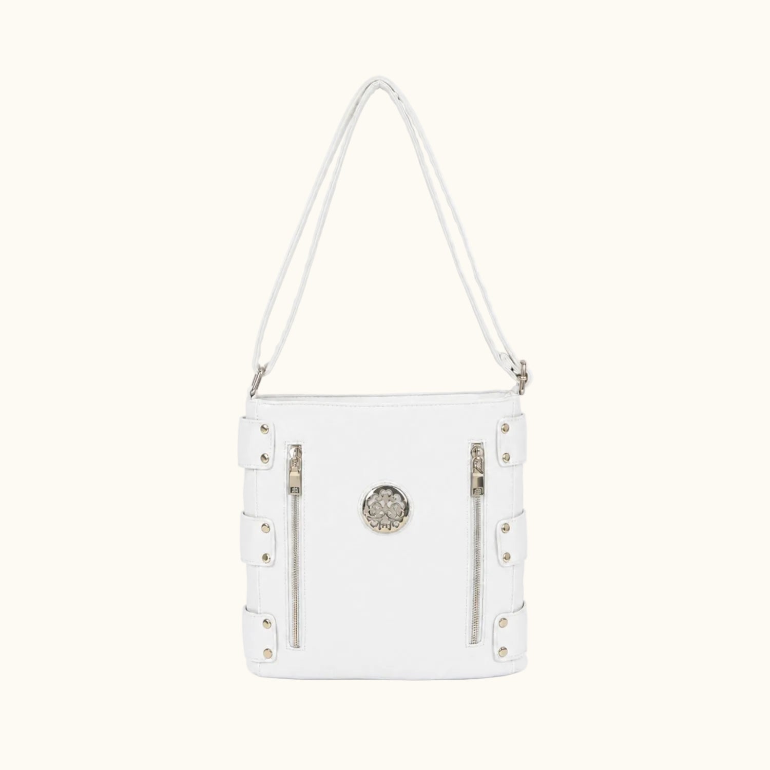 White handbag with decorative elements on a white background